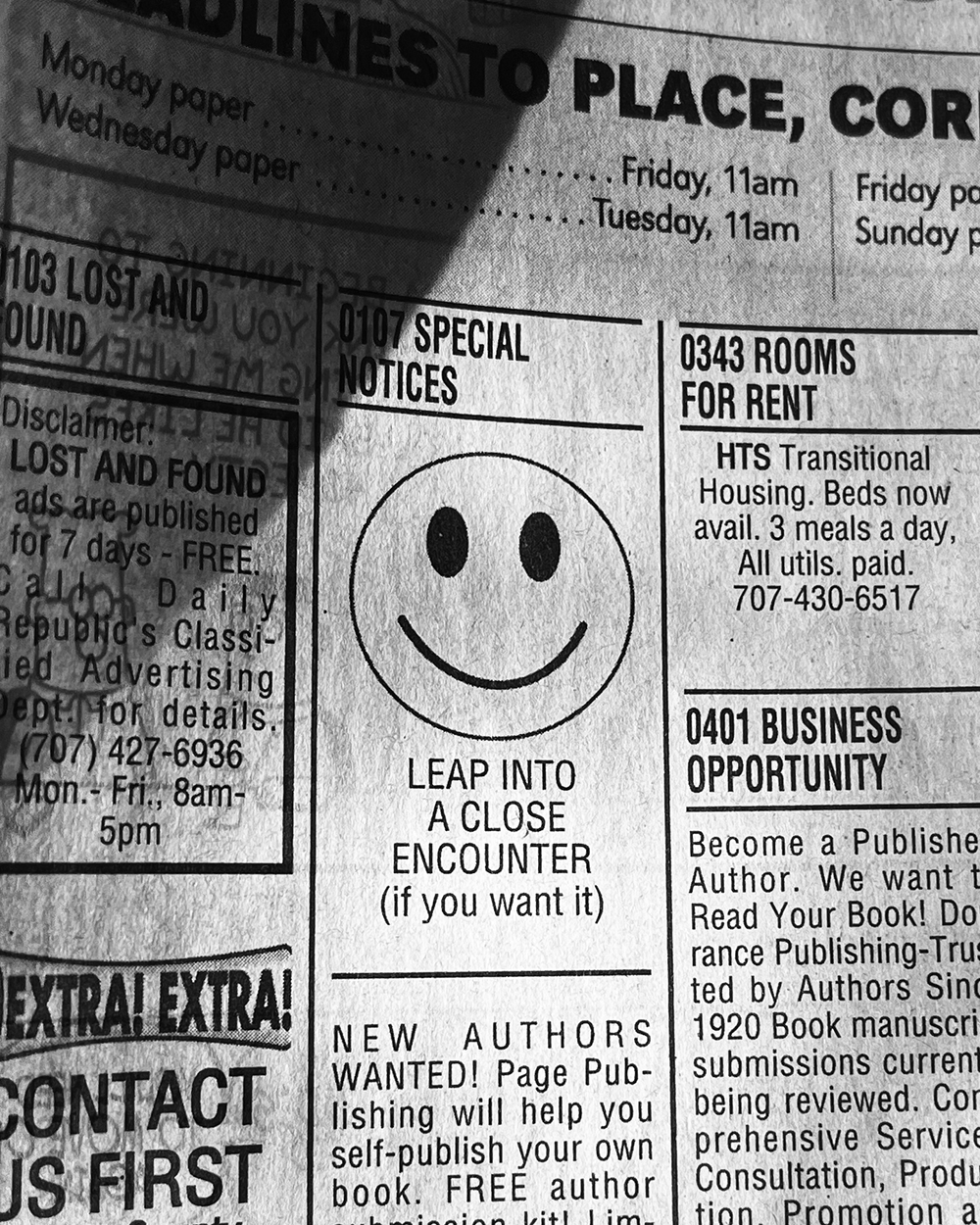 A classified ad with a smiley face and text reading Leap into a close encounter (if you want it).