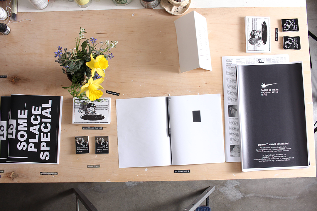 A table with various print ephemera includign a poster, a booklet, stickers featuring the same image as the above ad, a postcard with a cartoon of Nancy staring into a black hole, and some flowers in a vase.