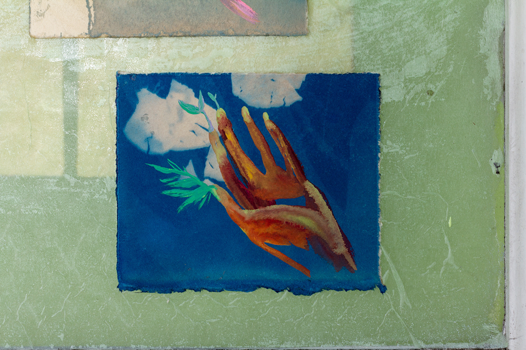 A detail of a small gouache drawings of a hand sprouting a plant